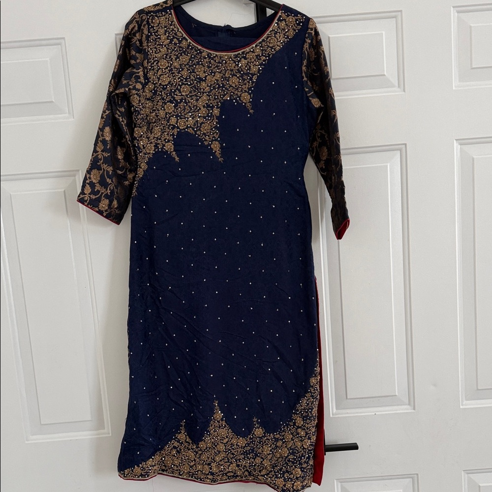 Elegant Navy and Gold Embroidered Dress